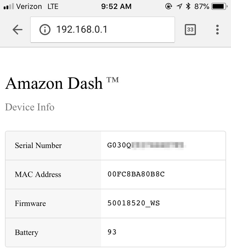 Amazon Dash Info page